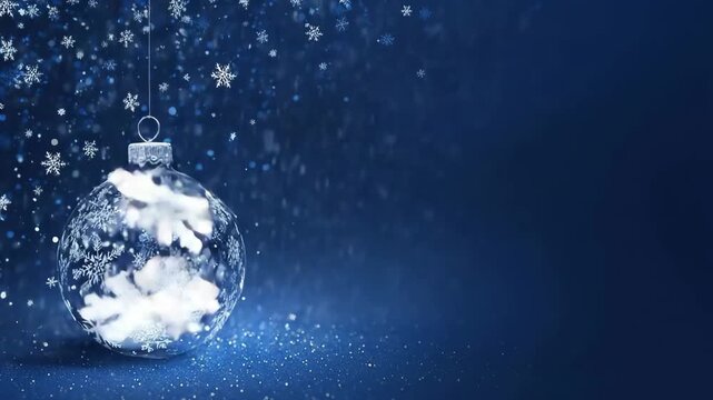 Generative AI. Decorative glass ornament with intricate snowflake patterns hangs against a deep blue background, creating a festive atmosphere for winter celebrations and holiday decorations