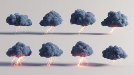 Eight stylized storm clouds, rendered against a light gray background, each with a lightning bolt emanating from their undersides, creating a dramatic display