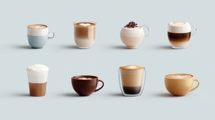 Eight diverse coffee drinks showcased against a light-blue backdrop; variations in cup styles, coffee layers, and toppings are apparent, highlighting the visual appeal of various coffee preparations
