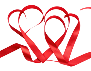 Two intertwined red ribbon hearts on black background, conveying love and connection