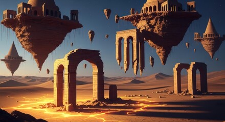 Surreal sandstone arches and floating cities in an arid landscape dreamscape