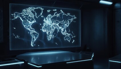 Futuristic world map displayed on a large screen in a dark, modern room