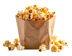 Freshly popped popcorn overflowing a brown paper bag, scattered below