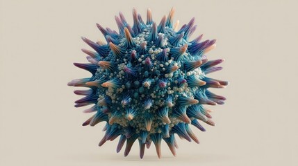 Spherical object with spiky projections and textured surface, blue with pinkish tips