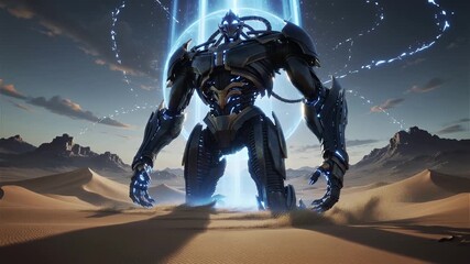 Giant robot standing in desert landscape with energy beams and dynamic lighting - Powered by Adobe