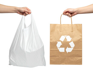 Hands holding plastic vs paper shopping bags, comparing waste and sustainability