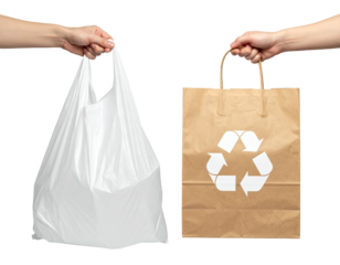 Hands holding plastic vs paper shopping bags, comparing waste and sustainability