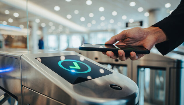 Hand Tapping Smartphone on Access Control Turnstile Reader Screen