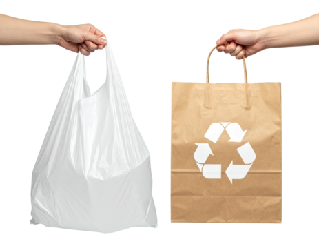 Hands holding plastic vs paper shopping bags, comparing waste and sustainability - Powered by Adobe