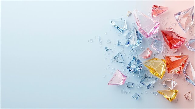 Scattered, colorful, geometric crystal fragments and shards are arranged on a light blue to pink gradient background. The lighting is soft and highlights the fa - Powered by Adobe