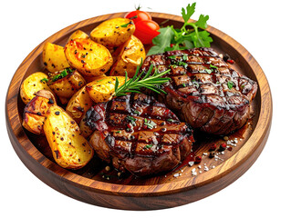 Grilled steaks and roasted potatoes on a wood plate, garnished with herbs and tomatoes