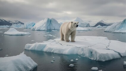 Polar bear on melting ice floe, dramatic icy landscape