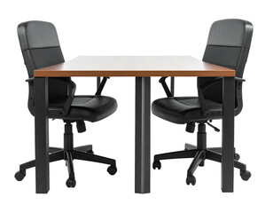 A simple, modern office setup two black chairs face each other at a wooden desk