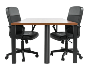 A simple, modern office setup two black chairs face each other at a wooden desk