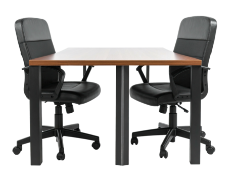 A simple, modern office setup two black chairs face each other at a wooden desk