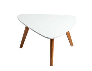 A modern triangular side table with white top and three wooden legs against black