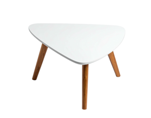 A modern triangular side table with white top and three wooden legs against black