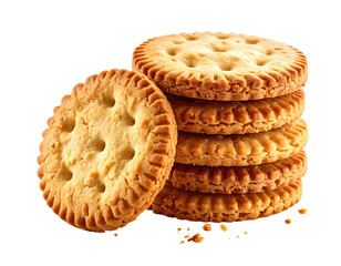 Stack of golden, round crackers with scalloped edges and small perforations