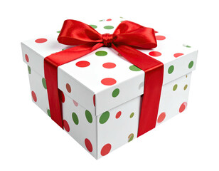 Square gift box with white paper and red & green polka dots, tied with a red ribbon
