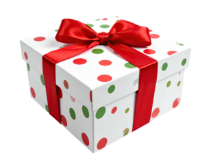 Square gift box with white paper and red & green polka dots, tied with a red ribbon