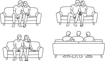 Couple sitting on couch line art set — affectionate poses in black and white for relationship, lifestyle, emotional connection, and artistic reference.
