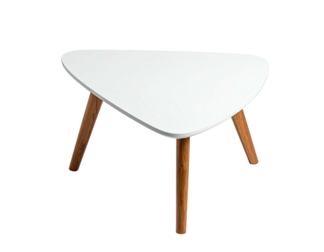 A modern triangular side table with white top and three wooden legs against black