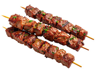 Three skewers of grilled, browned meat, garnished with chopped herbs, on a black background