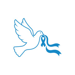 A white dove in flight carries a blue ribbon in its beak.