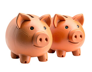 Two terracotta piggy banks, side by side, with slots for coins and smiling faces