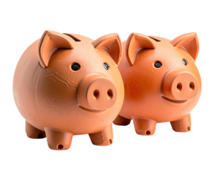 Two terracotta piggy banks, side by side, with slots for coins and smiling faces