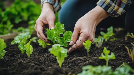 Gardener Planting Lettuce Seedlings in Fertile Soil with Careful Hands