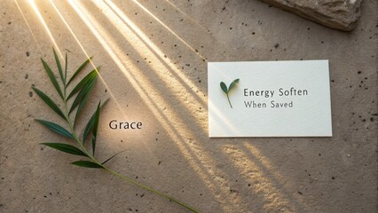 Natural Light Illuminates Green Leaf and Minimalist Card with Inspirational Words on Earthy Background