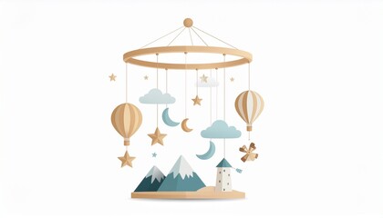 Whimsical baby mobile with hot air balloons, clouds, stars, moons, mountains, and a windmill in soft pastel colors, perfect for a nursery.