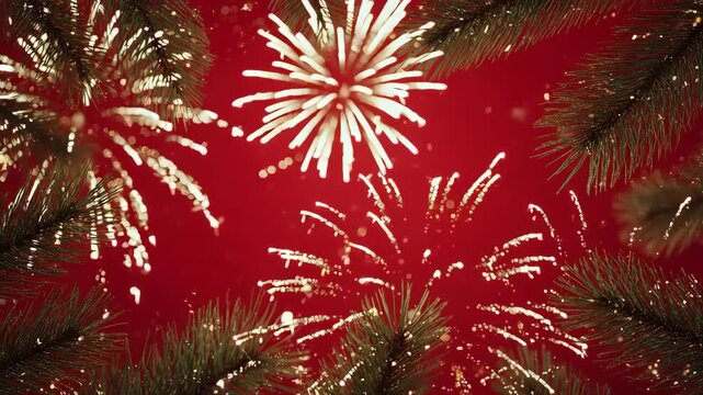Festive Fireworks Display with Pine Branches on Red Background