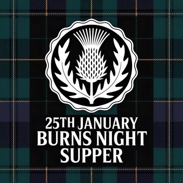 Burns night supper celebration with thistle emblem on tartan background