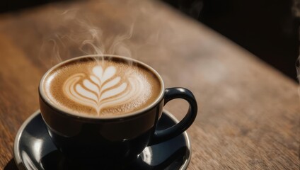 Steaming latte art in a dark blue mug on a wooden table