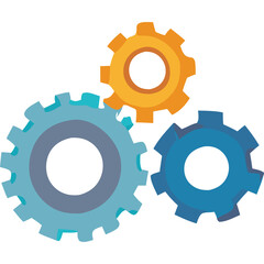 Three Interlocking Gears in Blue and Orange Colors on a Transparent Background Representing Mechanism and Connection
