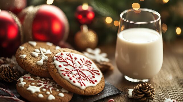 Festive scene with decorated christmas cookies and a glass of milk - Powered by Adobe