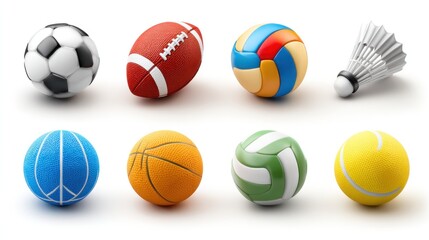 A collection of eight different sports balls and a shuttlecock, each with distinct colors and textures, are presented on a white backdrop
