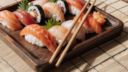 Assorted sushi on a wooden tray, chopsticks included