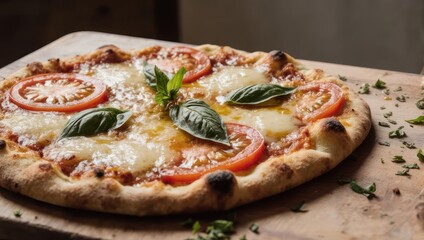 Close-up of a delicious-looking pizza with tomato slices, mozzarella, and basil on a wooden board