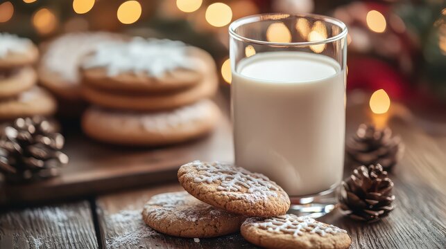 Christmas milk and cookies on a rustic wooden table with festive lights
