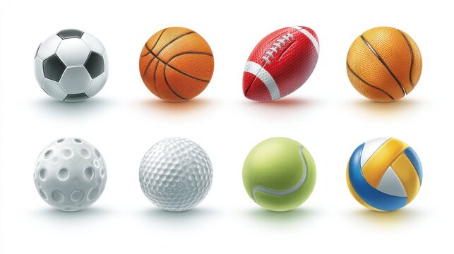 Eight sports balls, including soccer, basketball (two), football, bowling, golf, tennis, and volleyball, arranged in two rows against a white backdrop