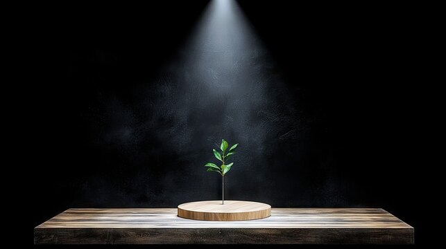 A single, small green plant with leaves is centered on a circular wooden platform. The platform sits on a rustic wooden surface. A bright spotlight shines down