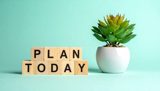 Minimalist Photo of Wooden Blocks Spelling Plan Today with Succulent Plant, Time Management Concept - Powered by Adobe