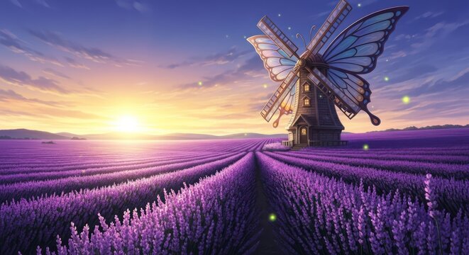 Whimsical sunset over lavender fields with butterfly wing windmill landscape