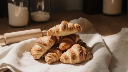 Stacked croissants on a linen cloth, with baking ingredients in the background