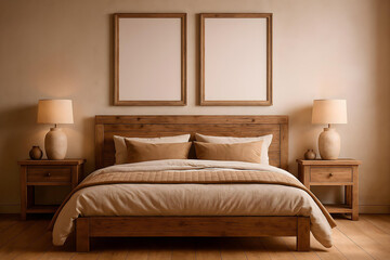 Bedroom Wall Art Mockup Above Bed in Warm Minimal Interior