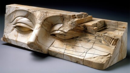 A surreal stone sculpture depicting a stylized human face with closed eyes, integrated with intricate architectural elements resembling stairs and structures, s