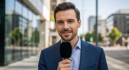 Smiling Male Reporter Holding Microphone Looking Directly at Camera in City